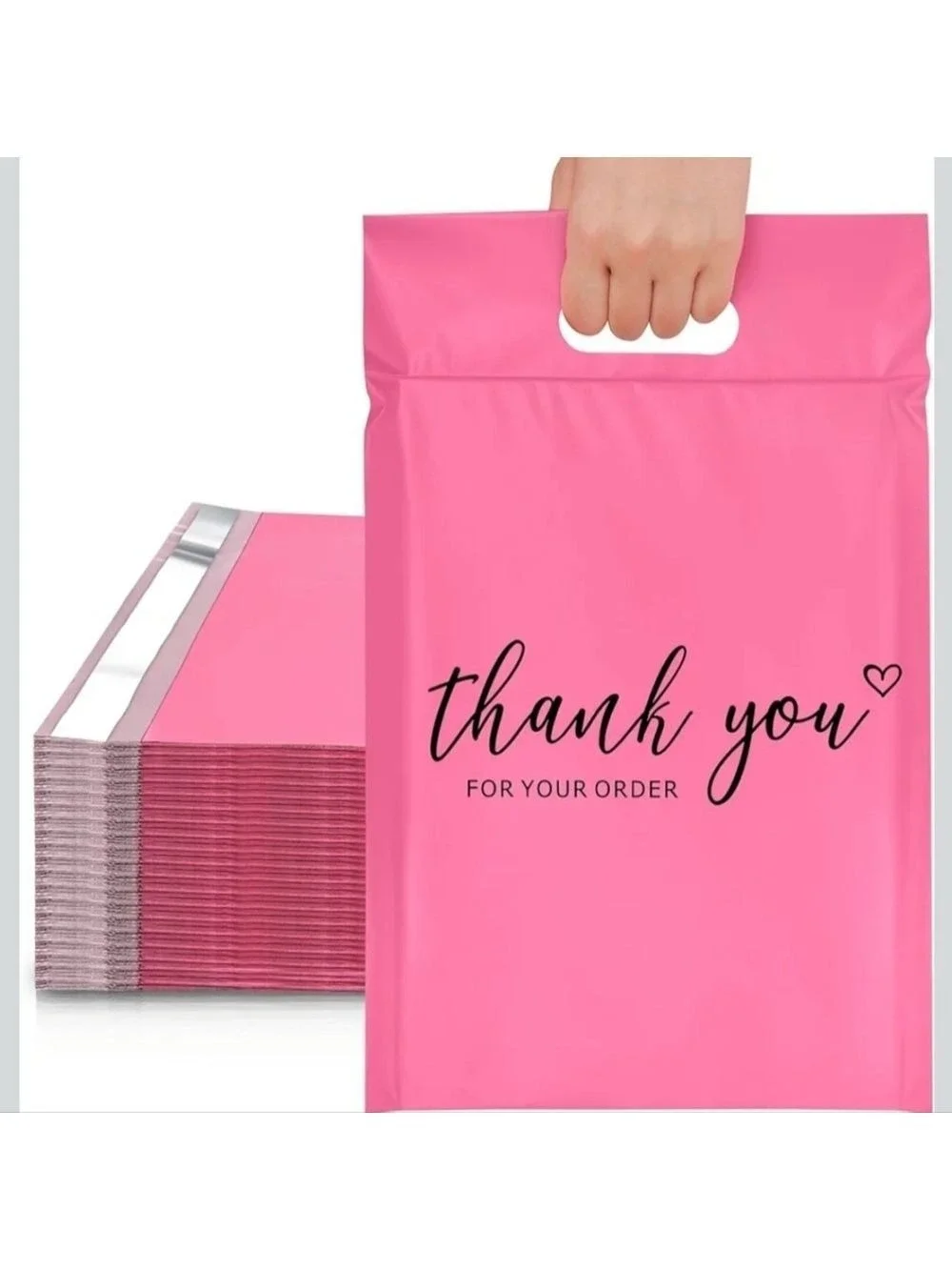 'Thank you for your order' pink poly mailer with handle